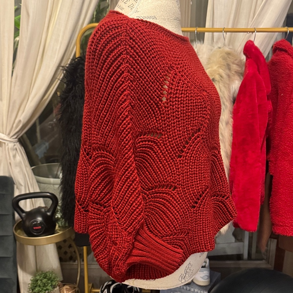 Women’s Dark Red Knit Sweater Poncho Knit Top Casual Dressy Shrug Shirt One Size - Picture 2 of 11